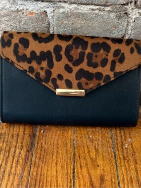Black and Leopard-Print Envelope Clutch with Gold Accent